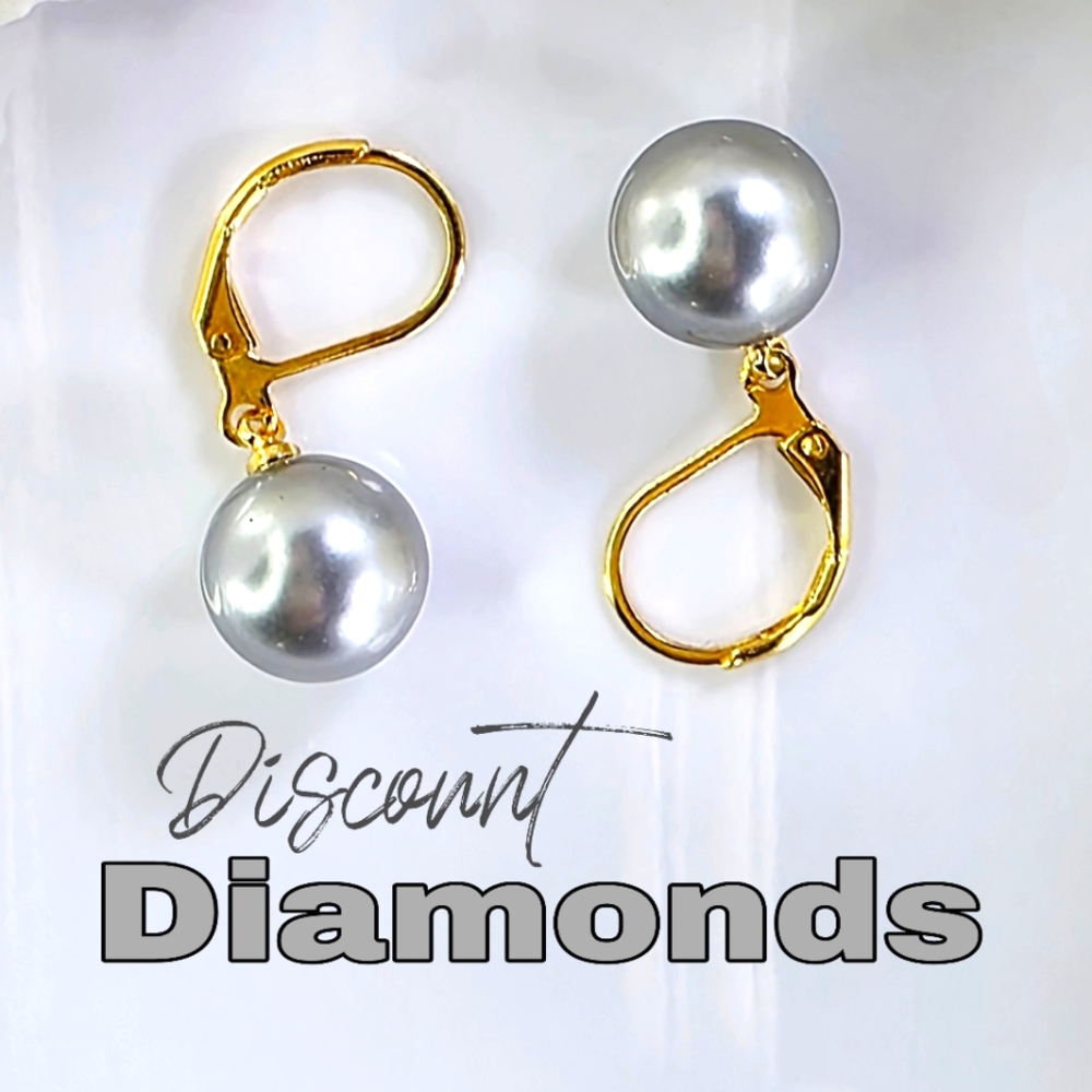 10mm Gray South Sea Shell Pearl Leverback Earrings 925 Silver on 14K Gold